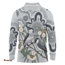 Australia Grey Butcherbird Long Sleeve Polo Shirt Eucalyptus Alba Indigenous Art LT14