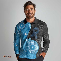 Australia Autism Awareness Month Long Sleeve Polo Shirt Indigenous Lizard With Blue Ribbon LT14