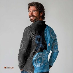 Australia Autism Awareness Month Long Sleeve Polo Shirt Indigenous Lizard With Blue Ribbon LT14