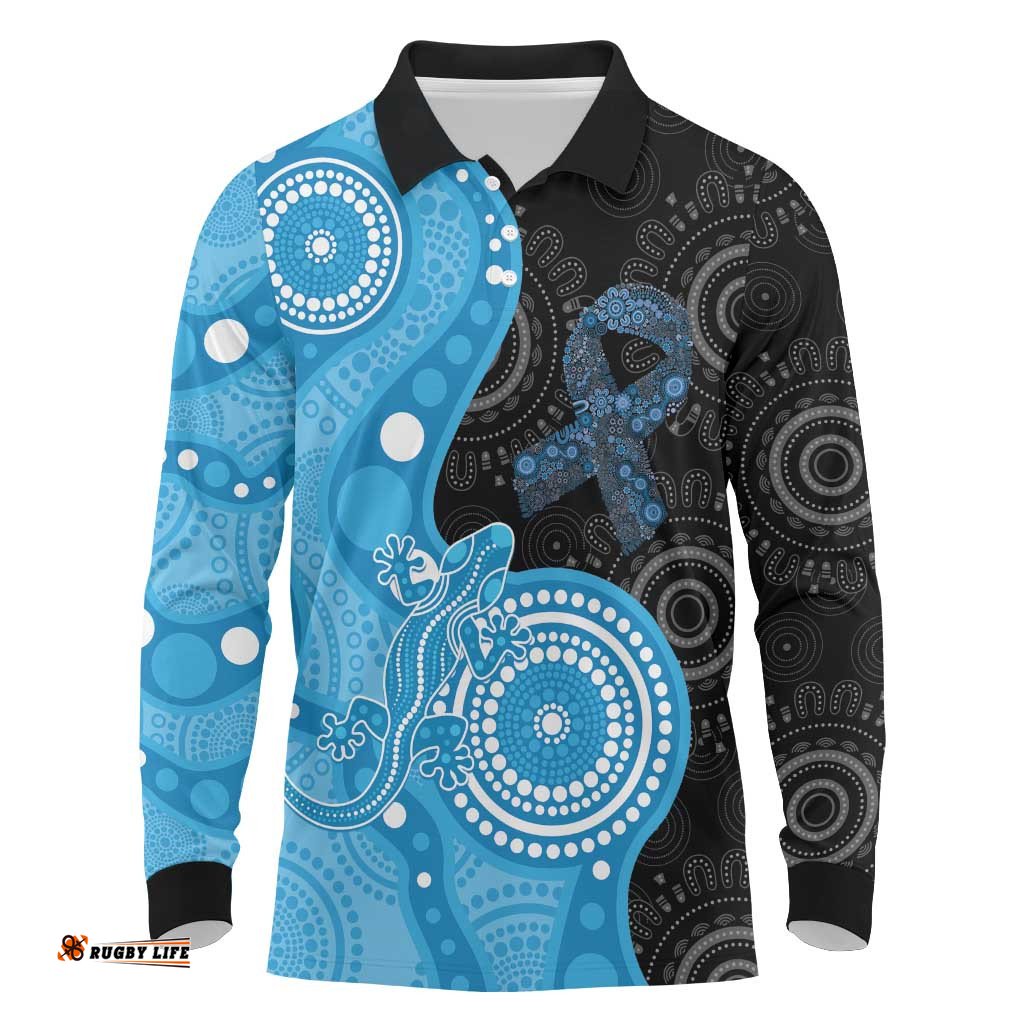 Australia Autism Awareness Month Long Sleeve Polo Shirt Indigenous Lizard With Blue Ribbon LT14