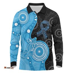 Australia Autism Awareness Month Long Sleeve Polo Shirt Indigenous Lizard With Blue Ribbon LT14