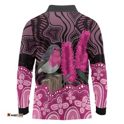Australia Indigenous Long Sleeve Polo Shirt Breast Cancer Pink Robin Bottlebrush Aboriginal Art LT14