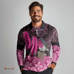 Australia Indigenous Long Sleeve Polo Shirt Breast Cancer Pink Robin Bottlebrush Aboriginal Art LT14