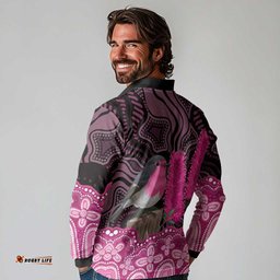 Australia Indigenous Long Sleeve Polo Shirt Breast Cancer Pink Robin Bottlebrush Aboriginal Art LT14