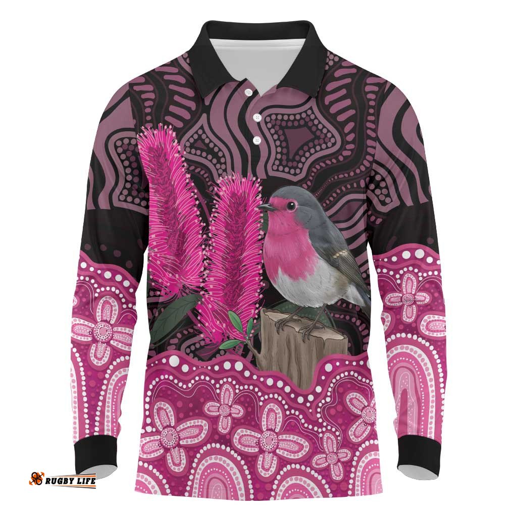 Australia Indigenous Long Sleeve Polo Shirt Breast Cancer Pink Robin Bottlebrush Aboriginal Art LT14