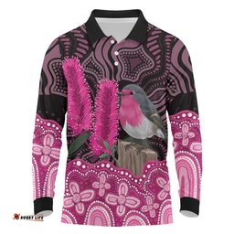 Australia Indigenous Long Sleeve Polo Shirt Breast Cancer Pink Robin Bottlebrush Aboriginal Art LT14