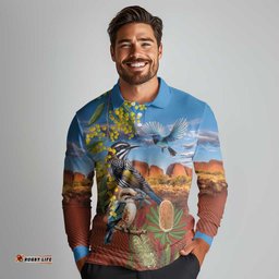 Australia Native Bird Uluru Ayers Rock Long Sleeve Polo Shirt LT9