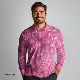 Australia Indigenous Pink Month Long Sleeve Polo Shirt Breast Cancer Aboriginal Dragonflies Ribbon LT14