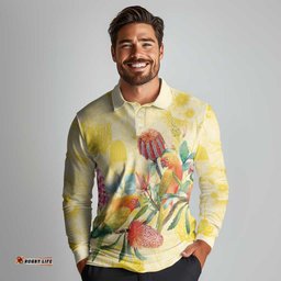 Birds and Floral Aussie Lorikeet Long Sleeve Polo Shirt Pastel Yellow LT7