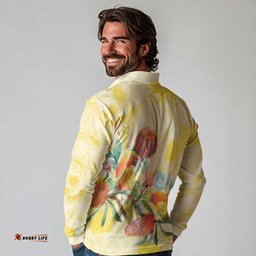 Birds and Floral Aussie Lorikeet Long Sleeve Polo Shirt Pastel Yellow LT7
