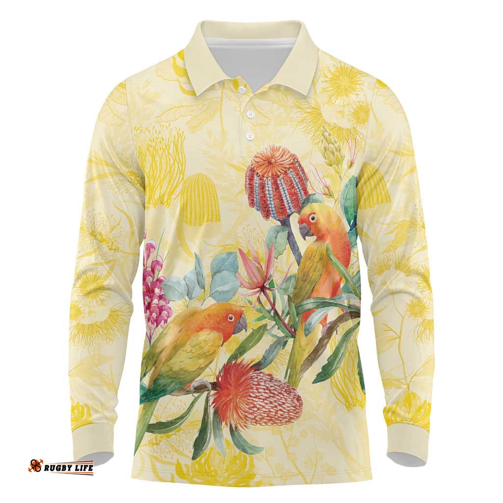 Birds and Floral Aussie Lorikeet Long Sleeve Polo Shirt Pastel Yellow LT7