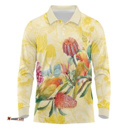 Birds and Floral Aussie Lorikeet Long Sleeve Polo Shirt Pastel Yellow LT7