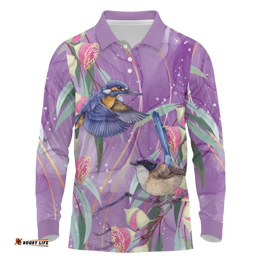Australia Epilepsy Awareness Long Sleeve Polo Shirt Purple Fairy Wren with Eucalyptus Flowers LT7