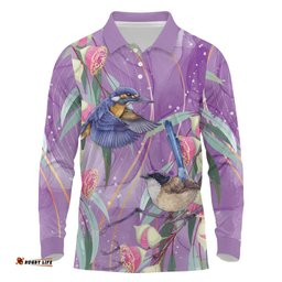 Australia Epilepsy Awareness Long Sleeve Polo Shirt Purple Fairy Wren with Eucalyptus Flowers LT7