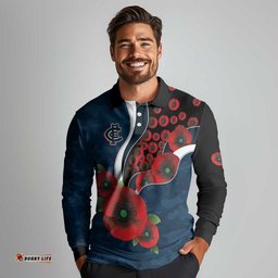 Carlton Blues ANZAC Personalised Long Sleeve Polo Shirt Lest We Forget Poppy Camo LT9