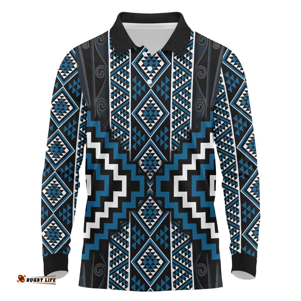 Azure Tukutuku Pattern Aotearoa Long Sleeve Polo Shirt Niho Taniwha and Puhoro Motifs LT7