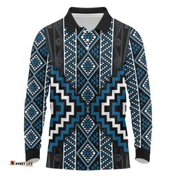 Azure Tukutuku Pattern Aotearoa Long Sleeve Polo Shirt Niho Taniwha and Puhoro Motifs LT7