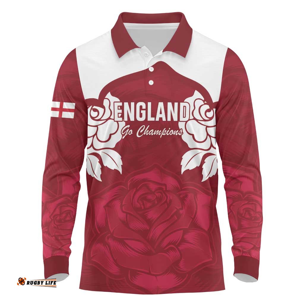 Custom England Rugby 2025 Long Sleeve Polo Shirt Go Champions Red Rose LT14