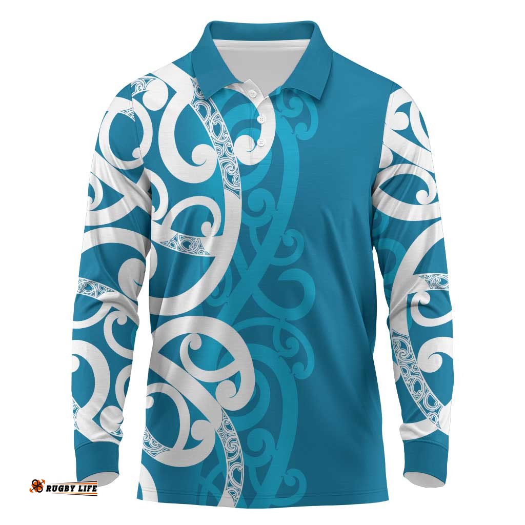 Azure Blue Maori Long Sleeve Polo Shirt Koru Kowhaiwhai LT7