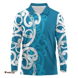 Azure Blue Maori Long Sleeve Polo Shirt Koru Kowhaiwhai LT7