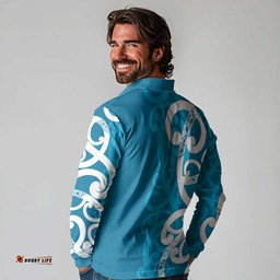 Azure Blue Maori Long Sleeve Polo Shirt Koru Kowhaiwhai LT7
