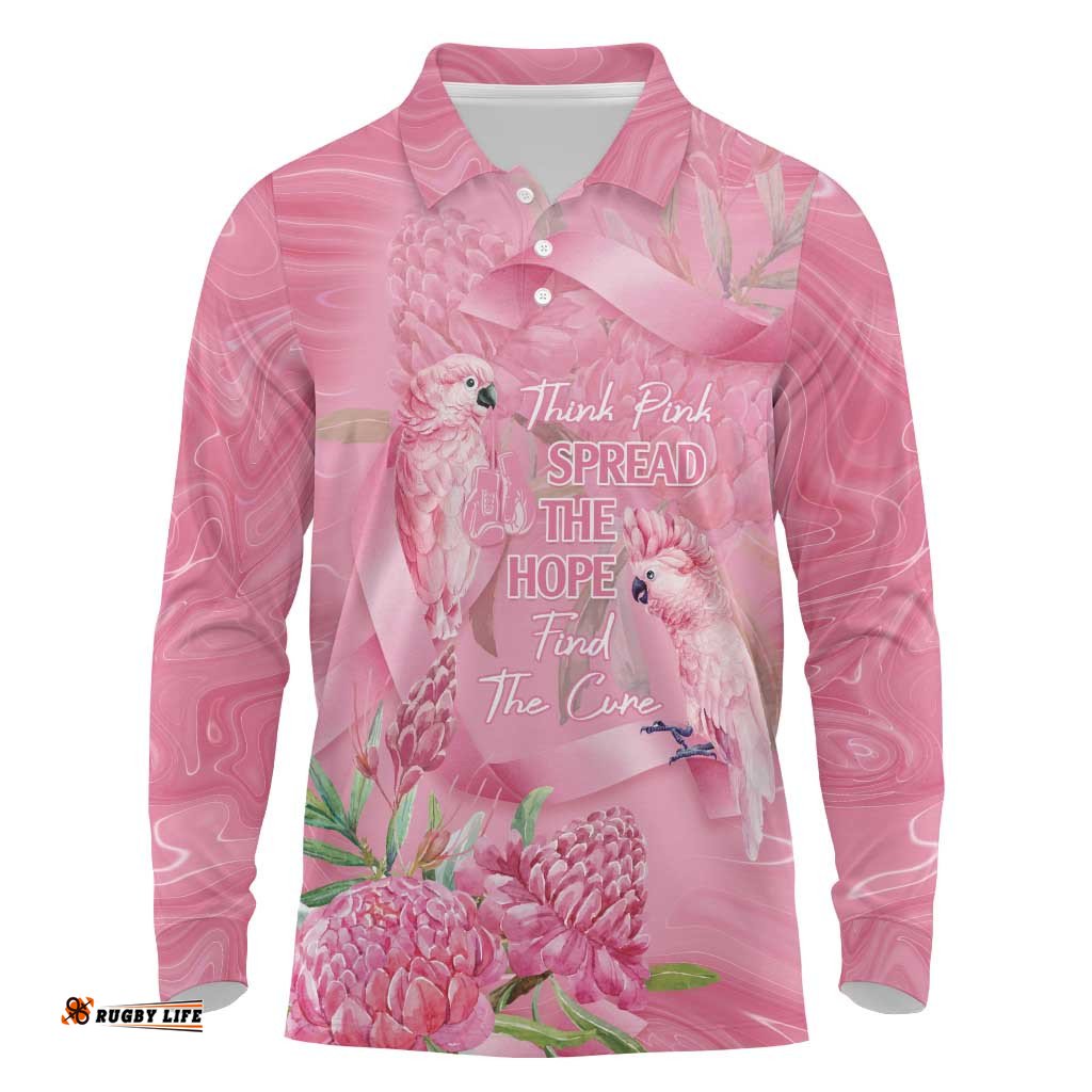 Australia Breast Cancer Awareness Long Sleeve Polo Shirt Think Pink Cockatoos Ribbon LT14