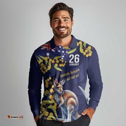 Blue Kangaroo and Golden Wattle Personalised Long Sleeve Polo Shirt Happy Australia Day 6 January LT9