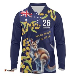 Blue Kangaroo and Golden Wattle Personalised Long Sleeve Polo Shirt Happy Australia Day 6 January LT9