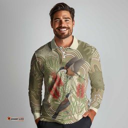 Australia Eastern Spinebill Long Sleeve Polo Shirt Aussie Honeyeater Bottlebrush Indigenous Art LT14