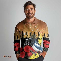 Australia Magpie ANZAC Day Long Sleeve Polo Shirt Rising Sun 25th April Poppy Golden Wattle LT14