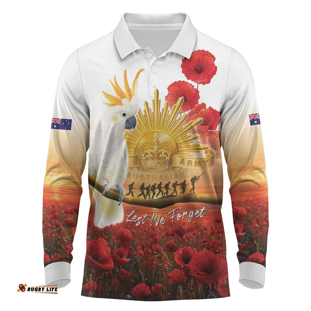 Australia Cockatoo ANZAC Day Long Sleeve Polo Shirt Lest We Forget LT05