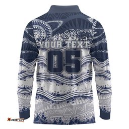 Custom Geelong Navy Long Sleeve Polo Shirt Playful Cat Kicking Ball DT05