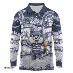 Custom Geelong Navy Long Sleeve Polo Shirt Playful Cat Kicking Ball DT05