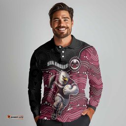 Custom Sea Eagles Long Sleeve Polo Shirt Bird Mascot With Aboriginal Indigenous DT05