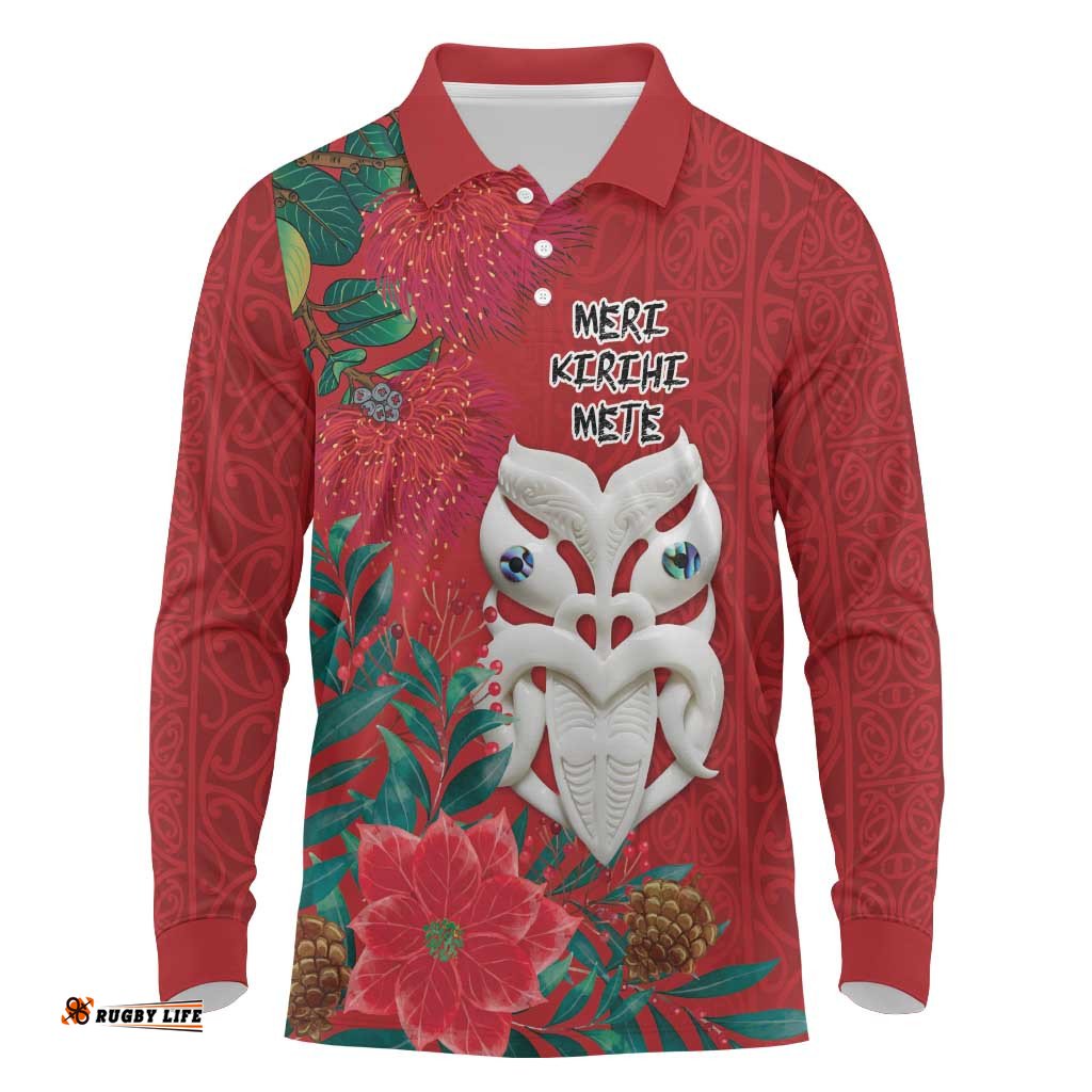 Maori Wheku Meri Kirihimete Personalised Long Sleeve Polo Shirt All Red Indigenous Maori Motif LT9