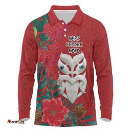Maori Wheku Meri Kirihimete Personalised Long Sleeve Polo Shirt All Red Indigenous Maori Motif LT9