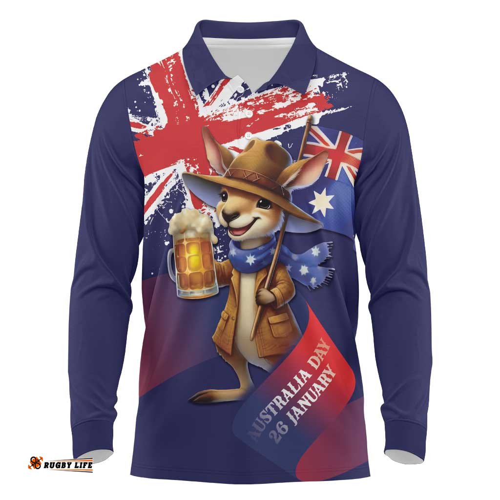 Australia Day Kangaroo Flag Long Sleeve Polo Shirt Aussie Aussie Aussie Oi Oi Oi LT9