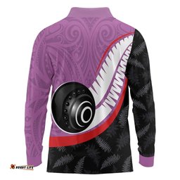 Personalised Aotearoa Lawn Bowls Long Sleeve Polo Shirt Maori and Silver Fern Sporty Style Pink Color LT03