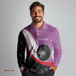 Personalised Aotearoa Lawn Bowls Long Sleeve Polo Shirt Maori and Silver Fern Sporty Style Pink Color LT03
