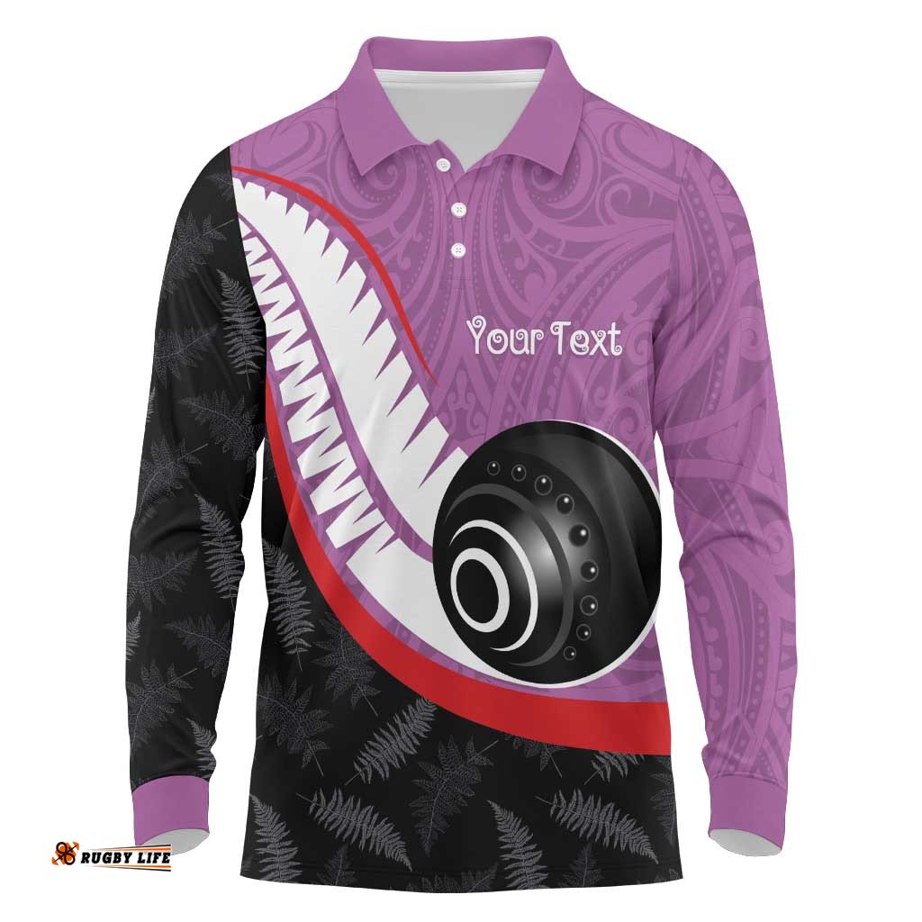 Personalised Aotearoa Lawn Bowls Long Sleeve Polo Shirt Maori and Silver Fern Sporty Style Pink Color LT03