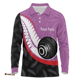 Personalised Aotearoa Lawn Bowls Long Sleeve Polo Shirt Maori and Silver Fern Sporty Style Pink Color LT03