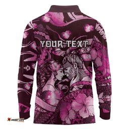 Personalised Maori Romantic Valentine Long Sleeve Polo Shirt The Hongi Kiss Pink Galaxy DT05