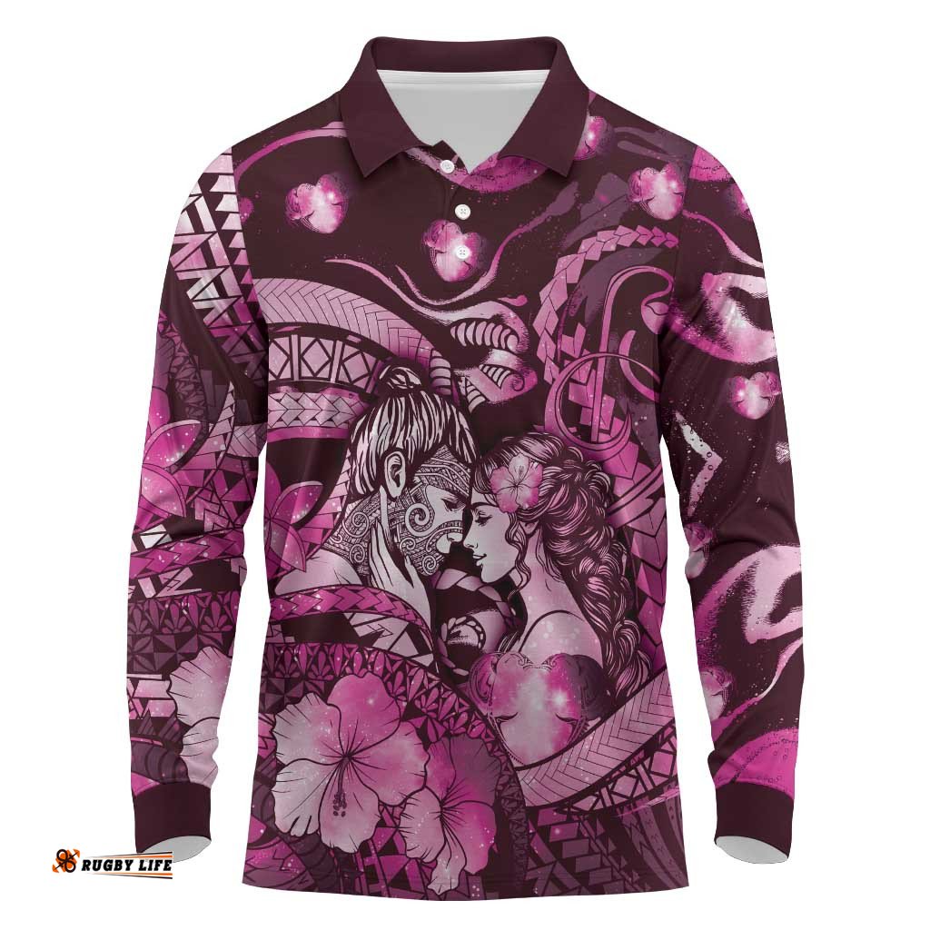 Personalised Maori Romantic Valentine Long Sleeve Polo Shirt The Hongi Kiss Pink Galaxy DT05