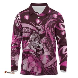 Personalised Maori Romantic Valentine Long Sleeve Polo Shirt The Hongi Kiss Pink Galaxy DT05