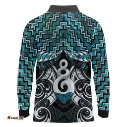 New Zealand Maori Long Sleeve Polo Shirt Poutama Pikorua Turquoise Paua Shell LT05