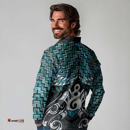 New Zealand Maori Long Sleeve Polo Shirt Poutama Pikorua Turquoise Paua Shell LT05