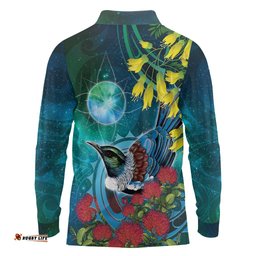New Zealand Tui Bird Long Sleeve Polo Shirt Maori Koru With Pohutukawa Galaxy Style LT05