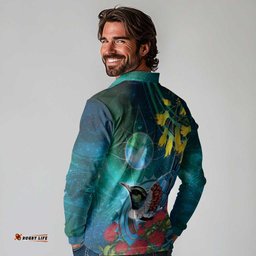 New Zealand Tui Bird Long Sleeve Polo Shirt Maori Koru With Pohutukawa Galaxy Style LT05