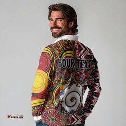 Personalised Aotearoa and Australia Together Long Sleeve Polo Shirt Koru and Kangaroo - Taniko with Aboriginal Motif LT03