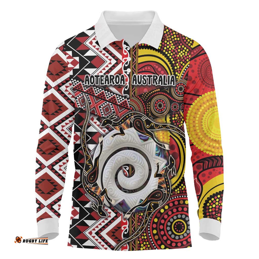 Personalised Aotearoa and Australia Together Long Sleeve Polo Shirt Koru and Kangaroo - Taniko with Aboriginal Motif LT03